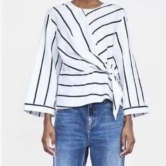 Zara Basic cotton linen nautical stripe faux wrap oversized top / blouse size Sm - Picture 4 of 12